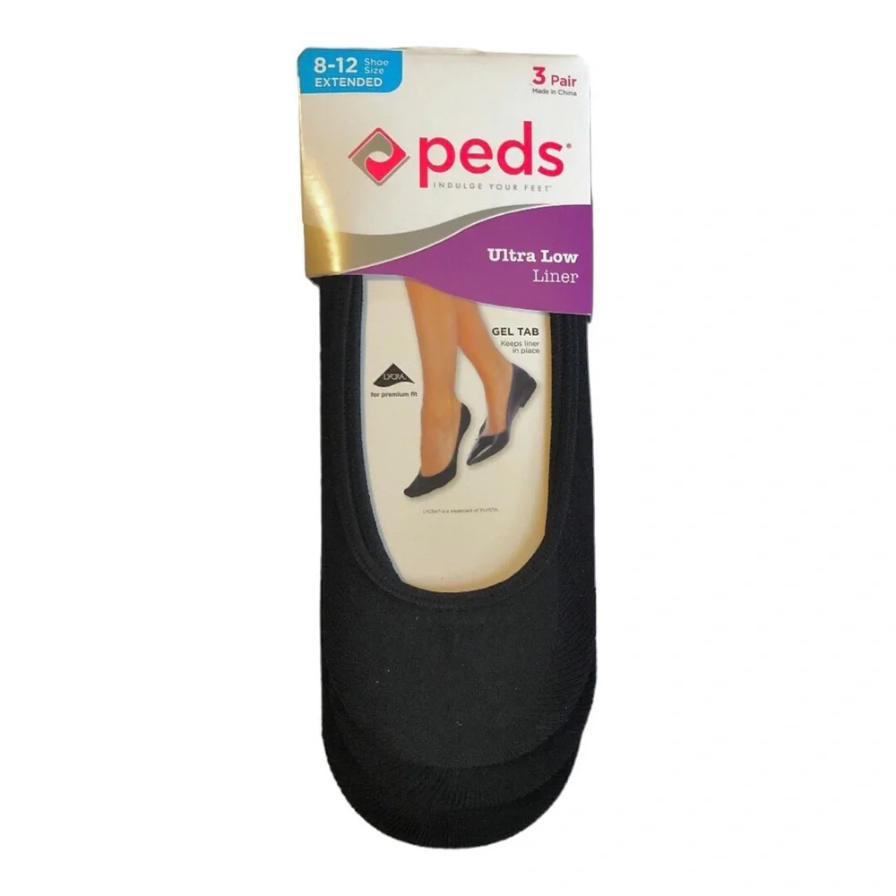 3pairs Peds black ultra low gel‎ tab shoe liners, fits size 8-12 new FREE